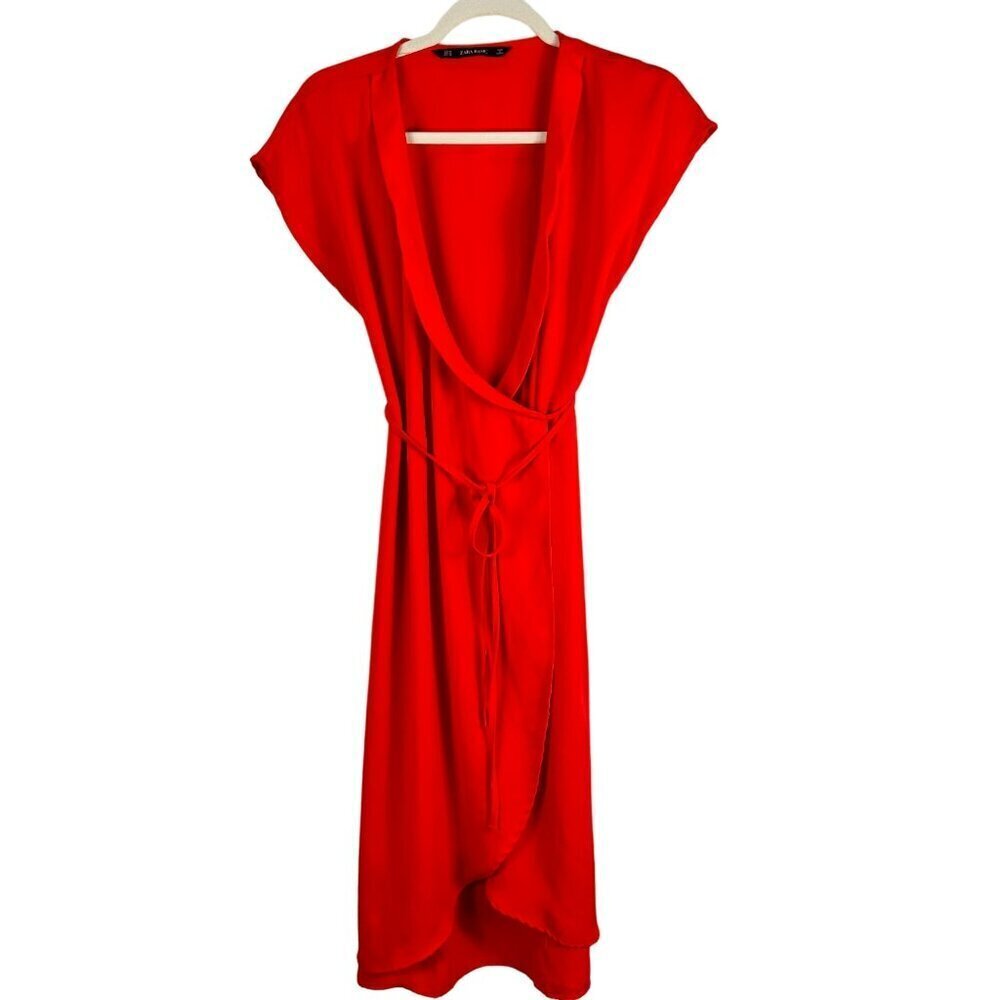 Zara Red Wrap Dress Midi Cap Sleeve V-Neck Casual Summer Short Sleeve XS - Picture 3 of 11